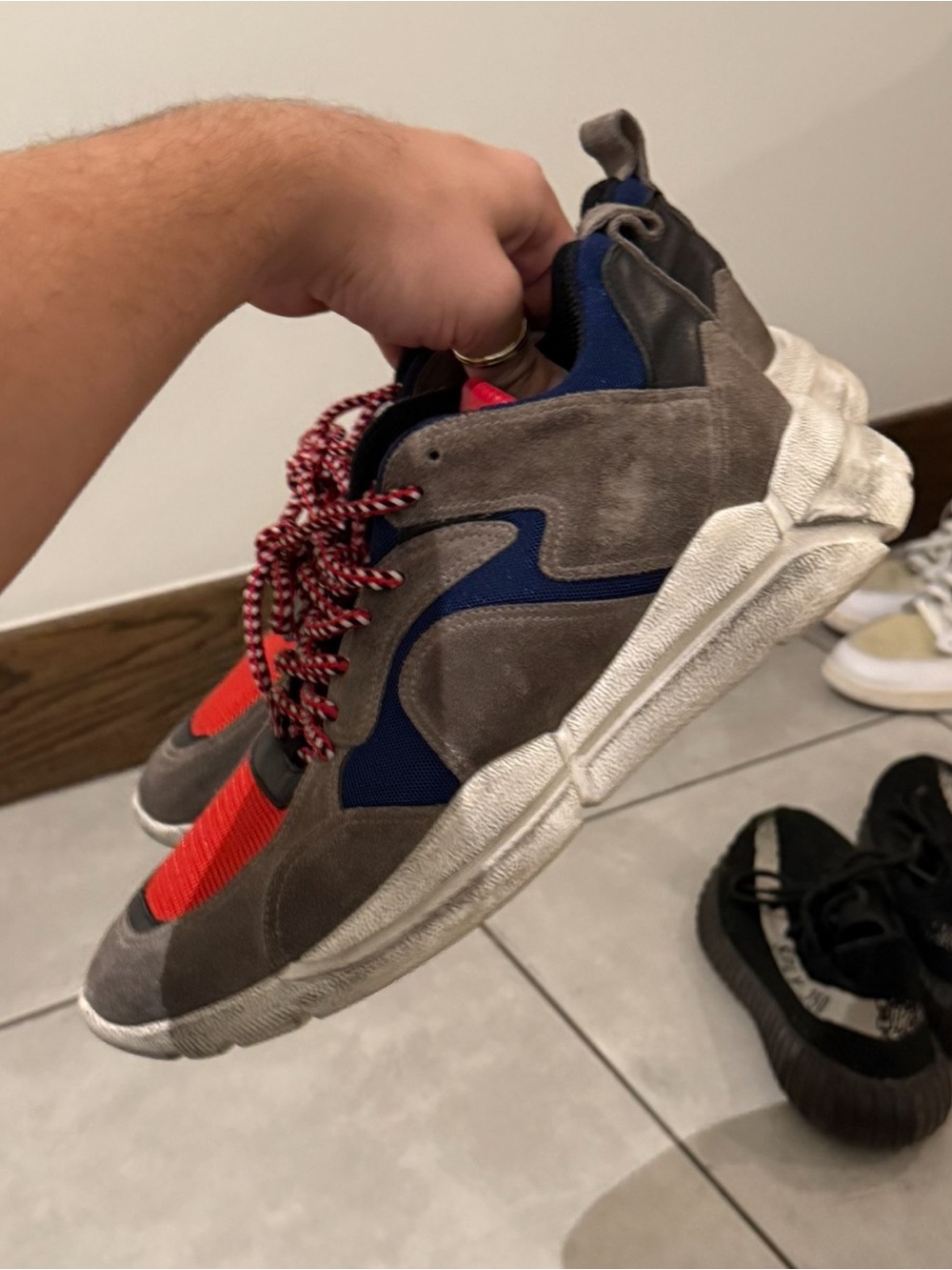 Moncler Men’s Red, Navy & Taupe Suede Mesh Sneakers - Picture 3 of 5